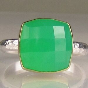 Checkerboard Cut Chrysoprase Ring-925 and 18k gold-glowing green stone-size 6.75